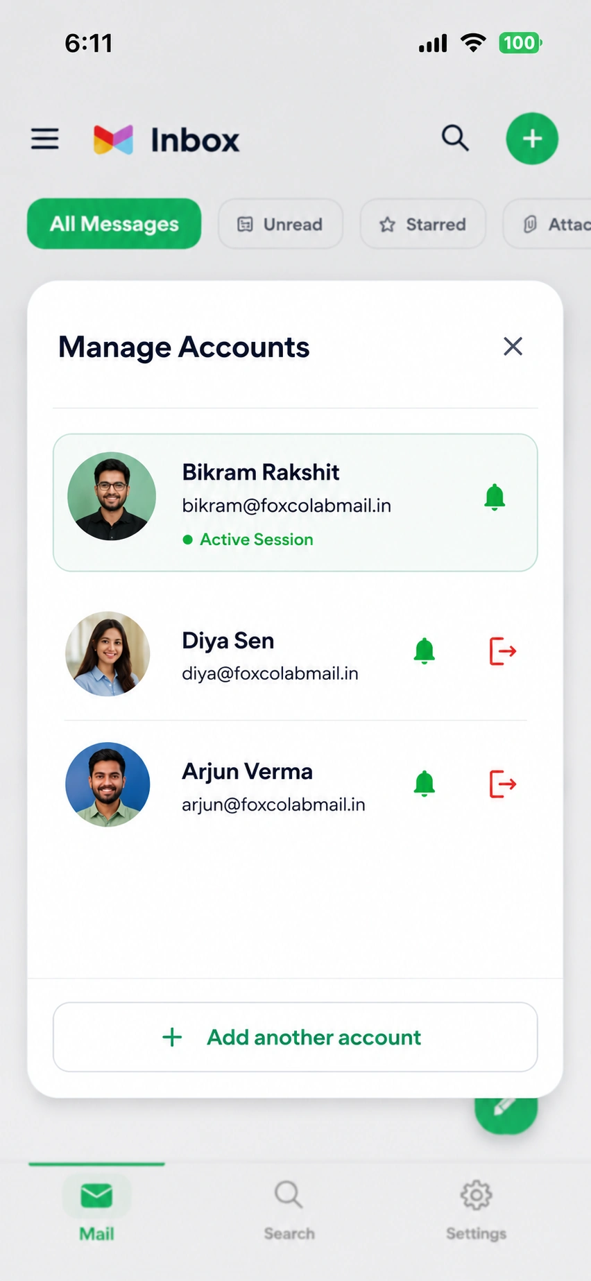 Foxcolab Mail multi-account workspace and identity switcher view